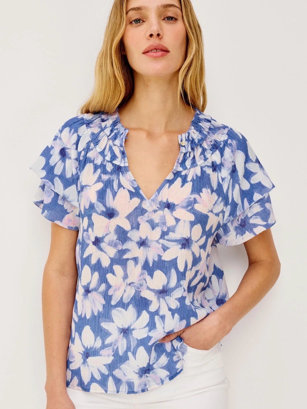 Rails Kamila Top Floral Blouse Blue & White Large